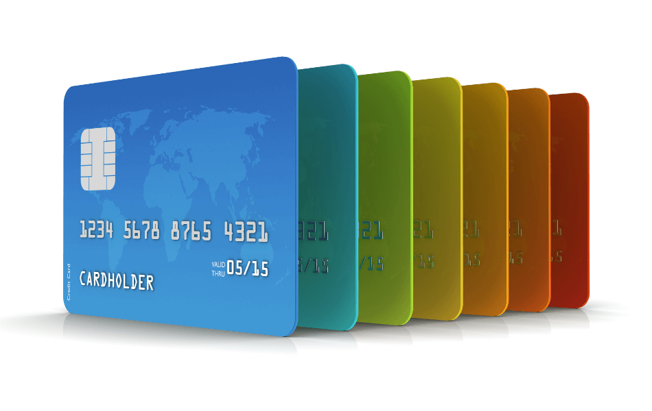 7 credit cards of different colors